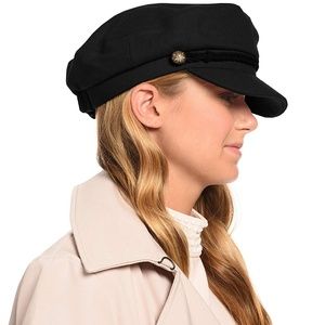 Wool & Faux Leather Greek Fisherman Cap Hat Black